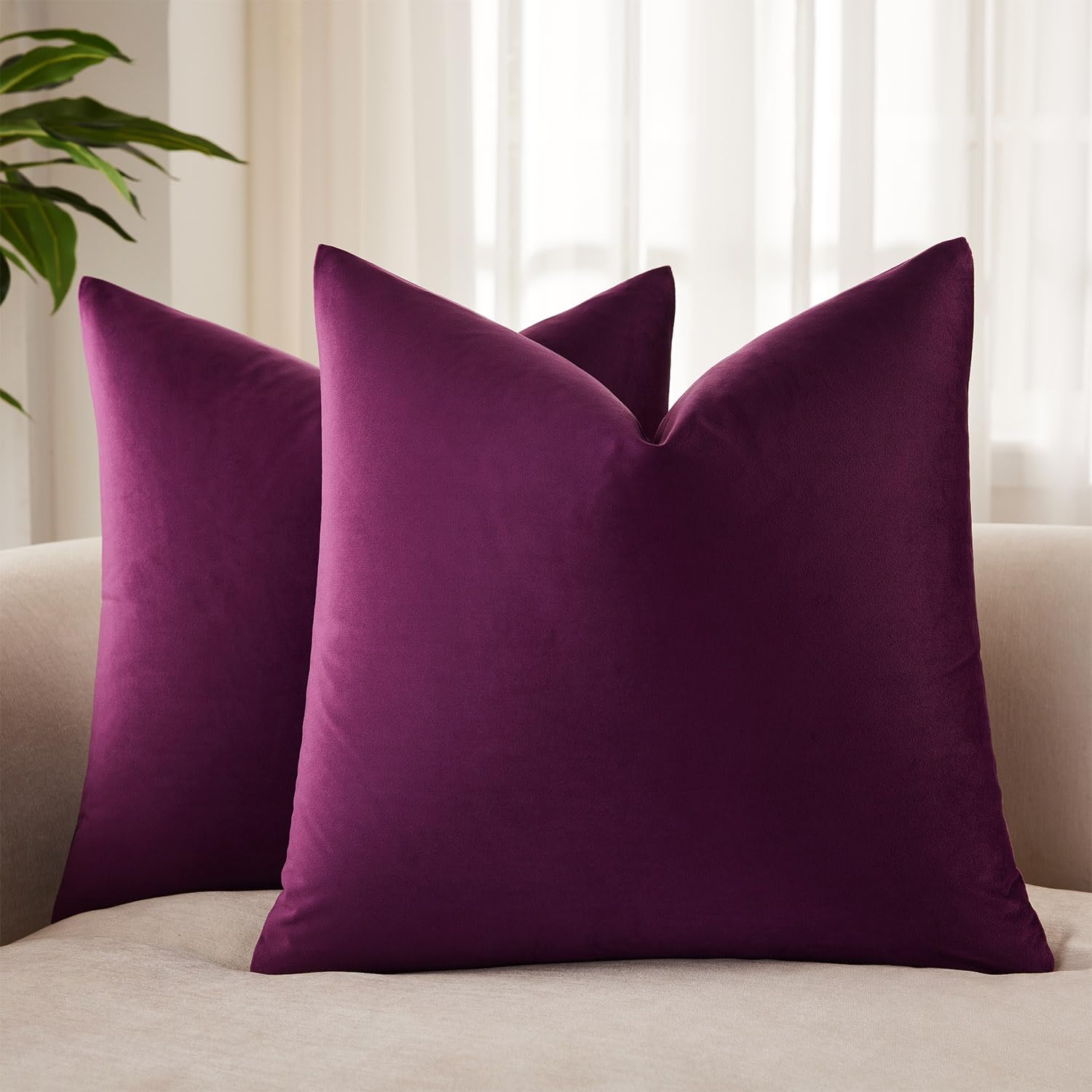 16x16 Velvet Throw Pillow Covers Set of 2 for Couch Bed,Eggplant Purple