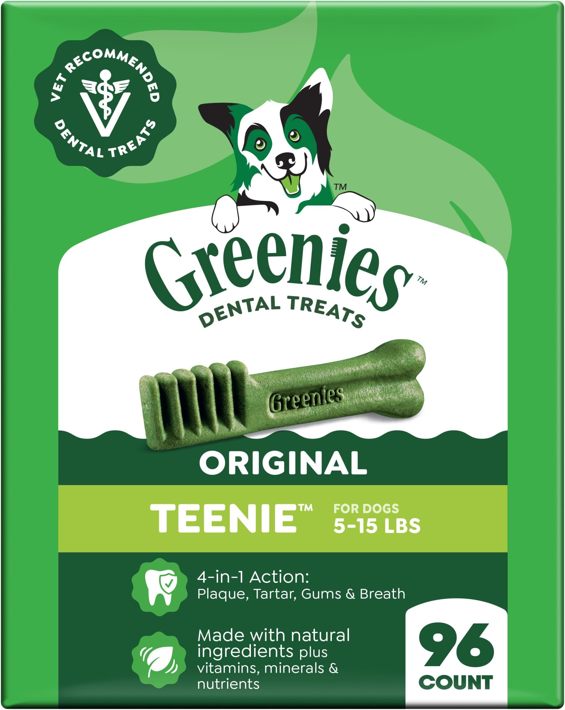 Greenies Veterinarian-Recommended Adult Natural Dental Dog Treats Teenie Size, Dog Dental Chews, Original Flavor, 27 oz. Pack, 96 Count