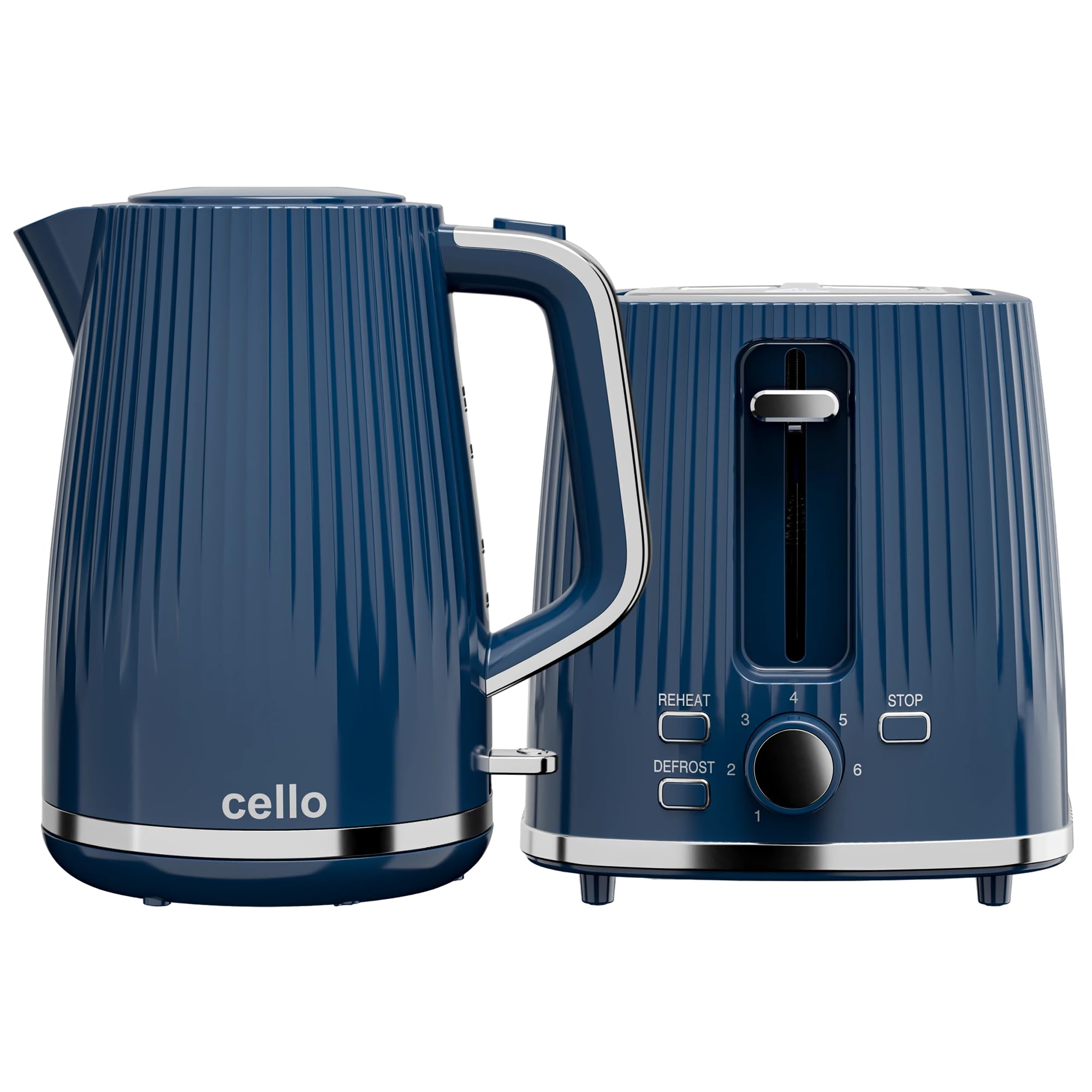 Cello Blue Breakfast Bundle: 1.7L 3000W Rapid Boil Kettle with Auto Shutoff, Cordless & Washable Filter | 850W 2 Slice Toaster with Wide Slots, 7 Browning Levels, High Lift & Illuminated Controls
