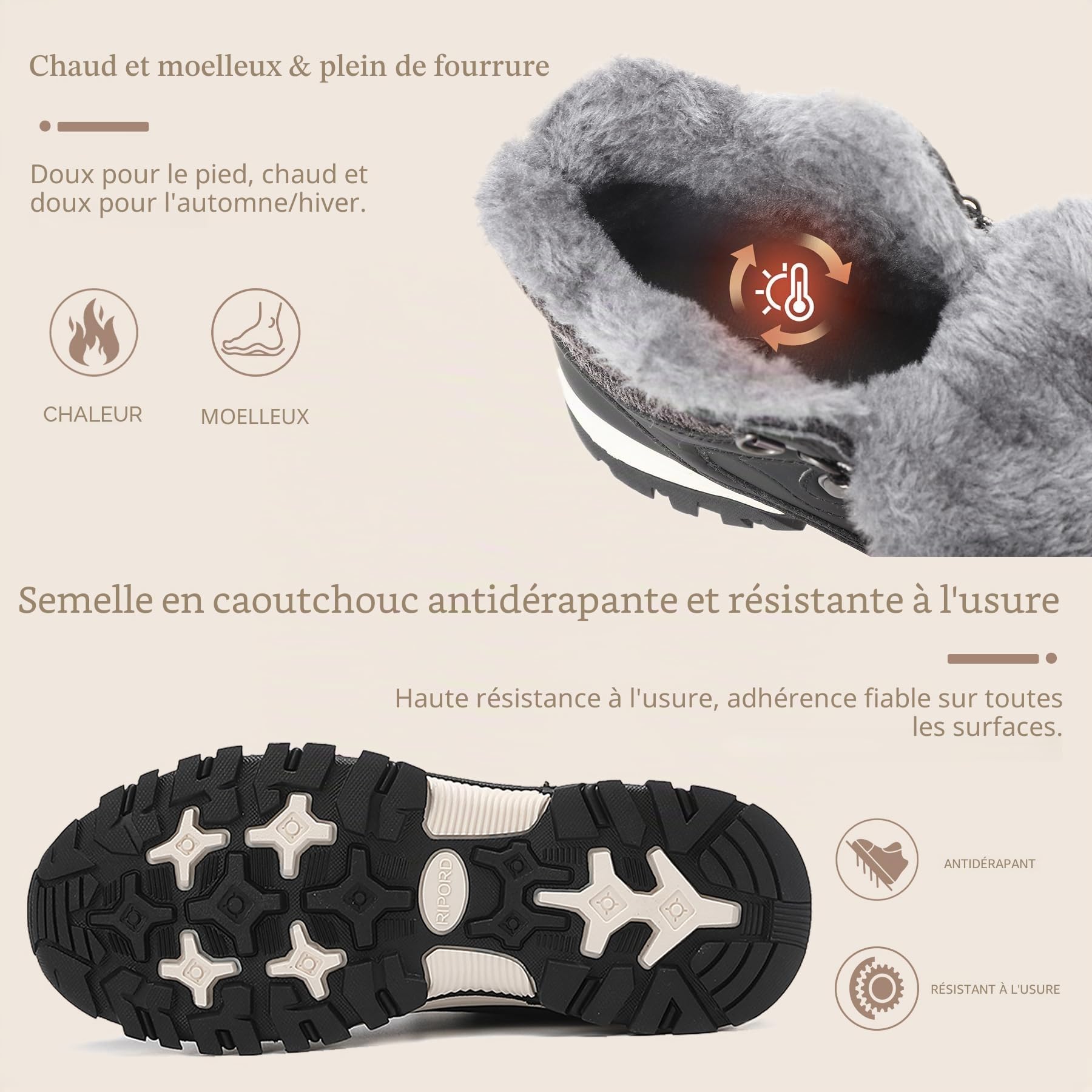 Bottes de Neige Femme Hiver Bottines Fourrées de Randonnée Boots 36-41 | Bottes d'hiver unisexes imperméables avec doublure en fourrure chaude pour le travail en plein air et les voyages