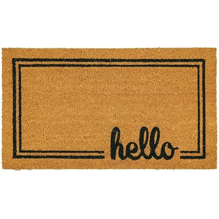 mDesign Rectangular Coir and Rubber Entryway Welcome Doormat with Natural Fibers for Indoor or Outdoor Use - Decorative Script Hello Design - Natural/Black