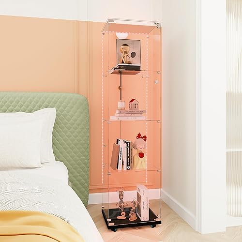 Miniatura 8 de Vitrina de cristal con 4 estantes con tira de luces LED y cerradura, vitrina de vitrina con ruedas y 1 puerta, vitrina de vidrio templado para sala