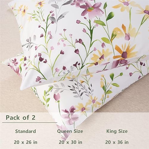 Miniatura 3 de URBONUR Juego de 2 fundas de almohada 100% algodón con estampado floral, suaves, transpirables, refrescantes, decorativas, tamaño King, 20 x 36