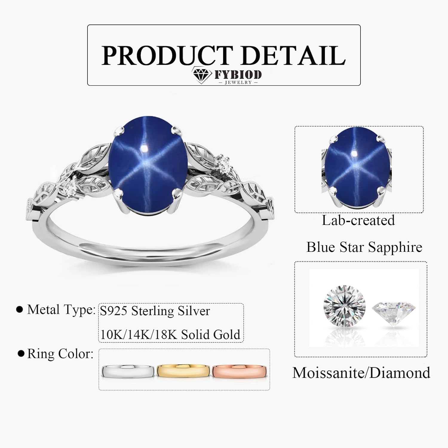 Oval Shaped Blue Star Sapphire Rings for Women 10K 14K 18K Gold 6X8MM Created Star Sapphire Promise Engagement Wedding Anniversary Ring for Her Size 4-15