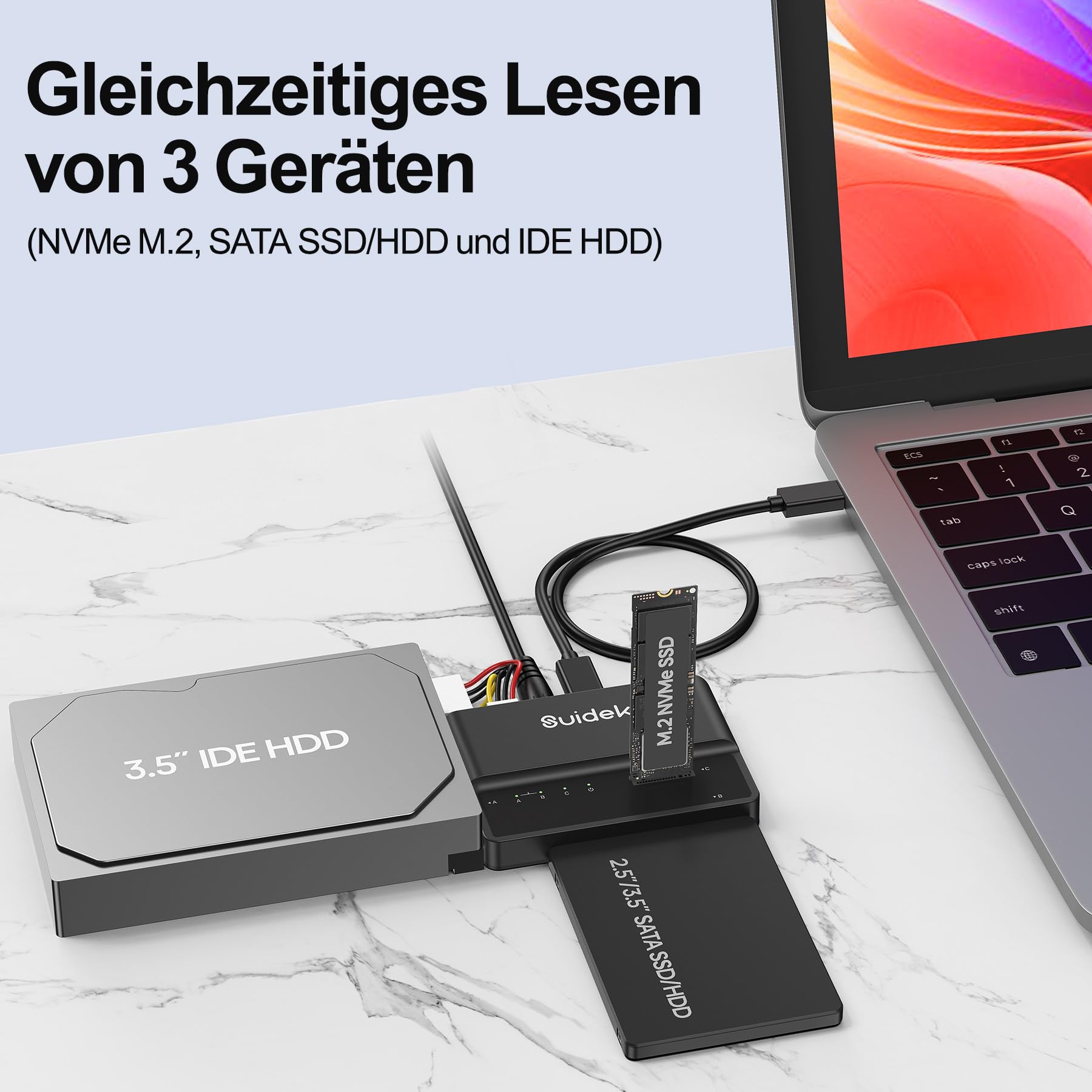 SUIDEK NVMe M.2 zu SATA Adapter, USB 10Gbps Festplattenlesegerät, PCIe NVMe, SATA und IDE Adapter, SSD Gehäuse unterstützt M.2(M Key&M+B Key) SSDs Aller Größen, 2,5/3,5 SATA SSD HDDs und 3,5 IDE HDDs