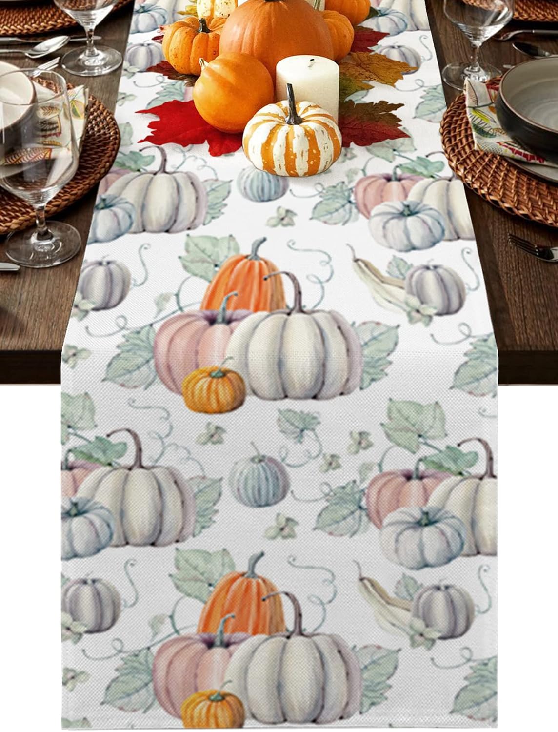 Thanksgiving Table Runner 13x90in Kitchen Cotton Linen Table Runner, Non-Slip Holiday Table Runners for Dinner Party Wedding - Fall Harvest Thanksgiving Pumpkin Fall Maple Leaves Table Setting Decor : Home & Kitchen