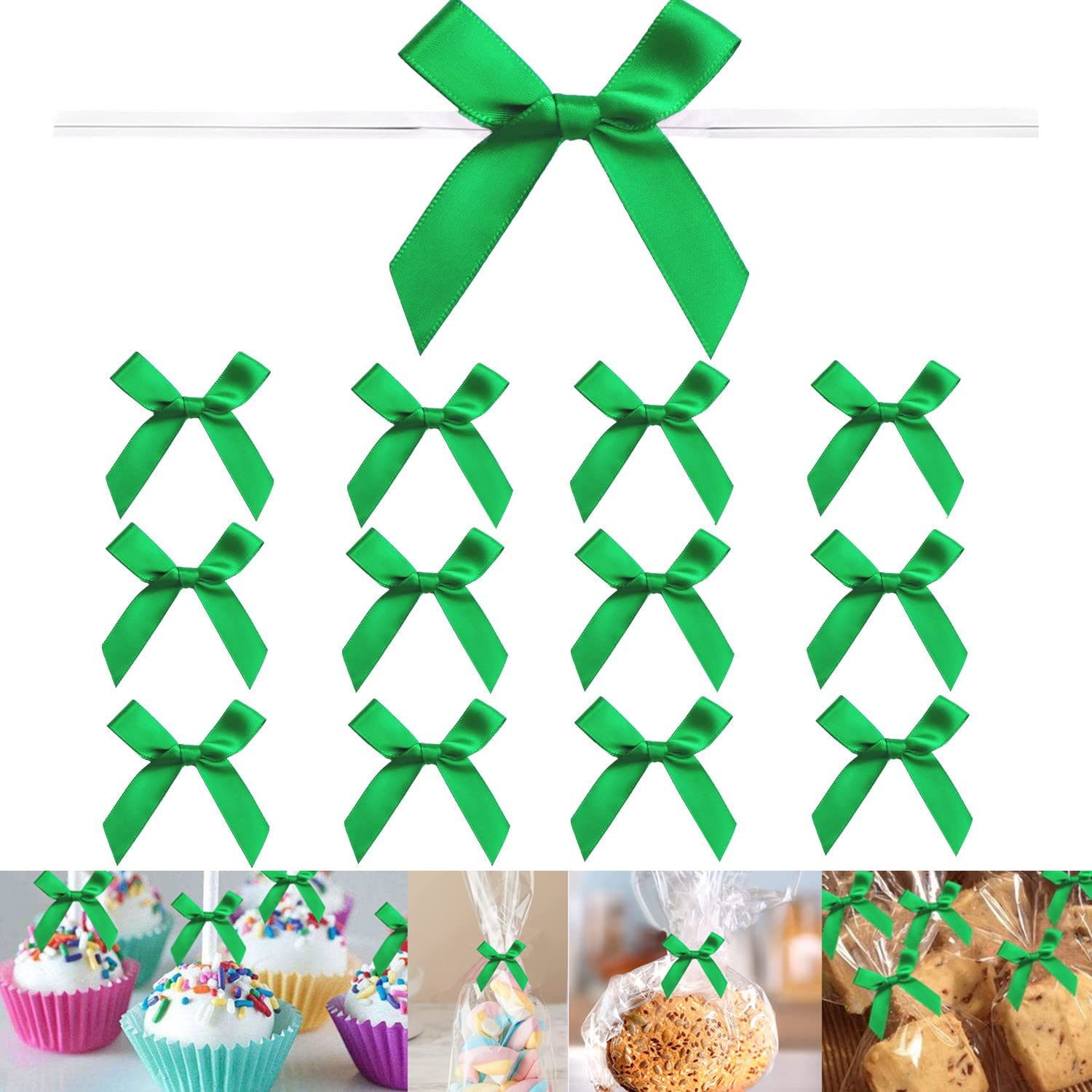 GUIFIER 100 Pieces 3 inch Satin Ribbon Twist Tie Bows, Pretied Bows with Twist Ties, Twist Bows Treats Bags, Bow Ties for Treats, Cake Pops, Baby Shower, Crafts, Gift Wrapping Favors, Cookies (Green)