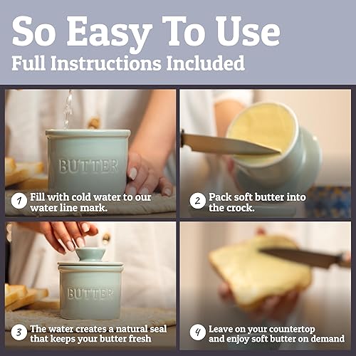 Miniatura 3 de Priority Chef Recipiente para Mantequilla con Tapa y Línea de Agua, Plato Francés de Cerámica para Mantequilla para Dejar en la Encimera, Gris Claro