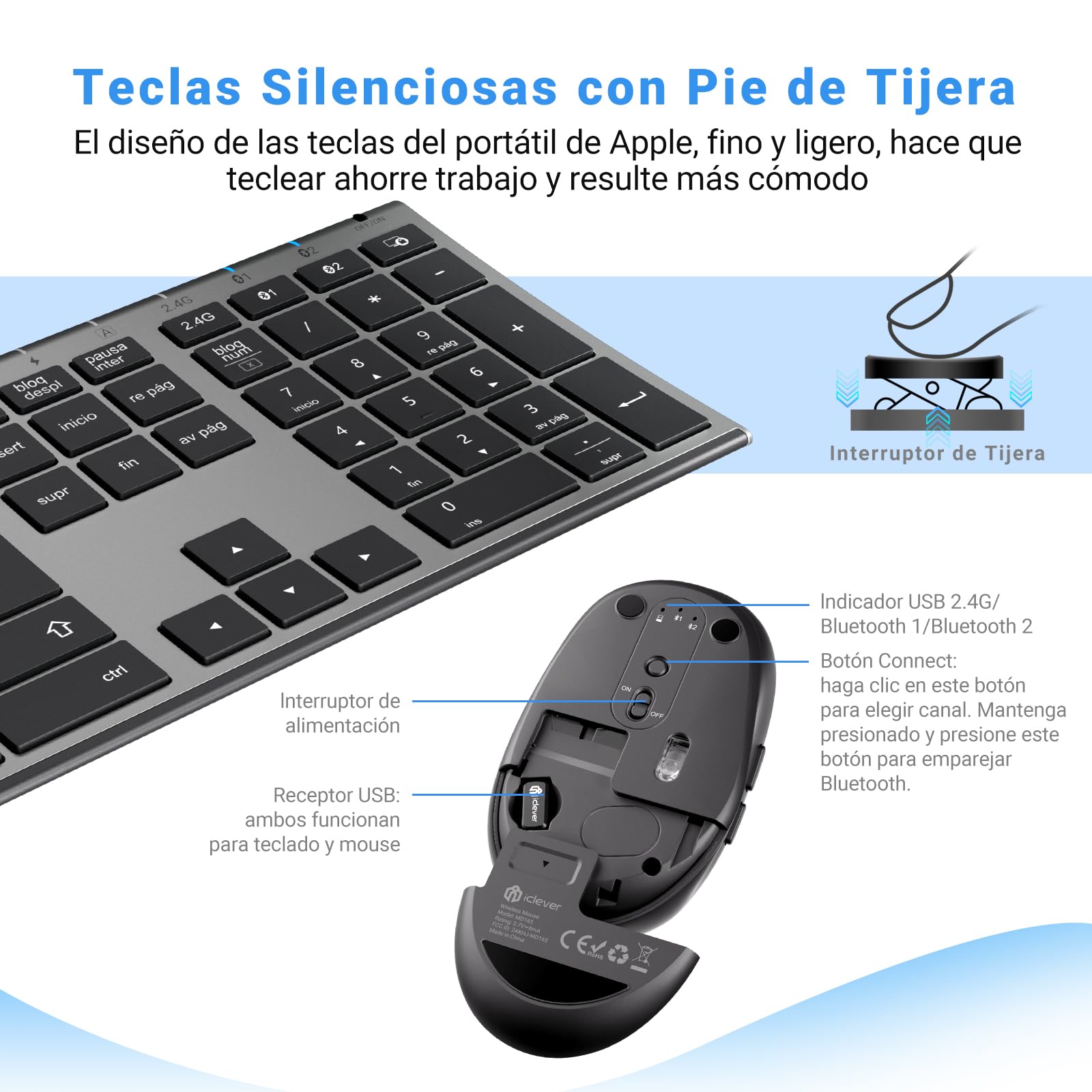 iClever Bluetooth/2.4G Teclado y Ratón DK03-QWERTY Español Teclado Ratón Inalámbrico, Recargable, Multidispositivo, Ergonómico, Tamaño Completo, Delgado para Mac, iPad, Apple, Android, Win