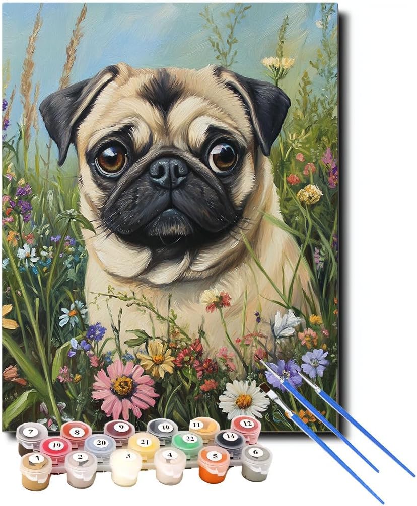 XCJFGO Paint by Numbers for Adults Pug Dog, Paint by Numbers kit on Canvas for Beginners, Garden Meadows Oil Painting Set Craft Supplies, 16" W x 20" L