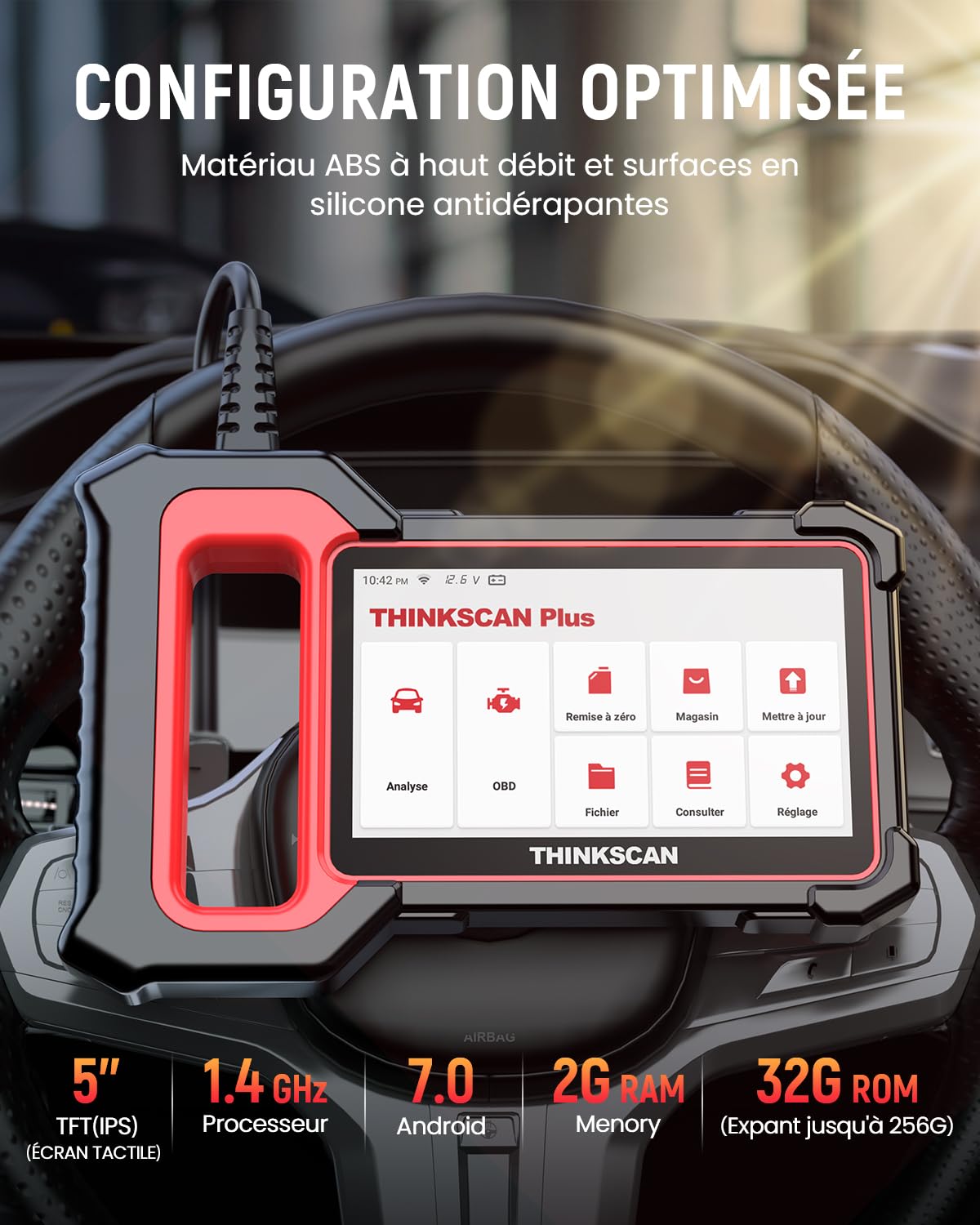Thinkcar Valise Diagnostic Auto, ThinkScan Plus S7 OBD2 Diagnostic Français avec Moteur/TCM/ABS/SRS/BCM/AC/IC, avec 28 Services de Réinitialisation (Choisissez-en 5 Gratuitement), Mise à Jour Gratuite