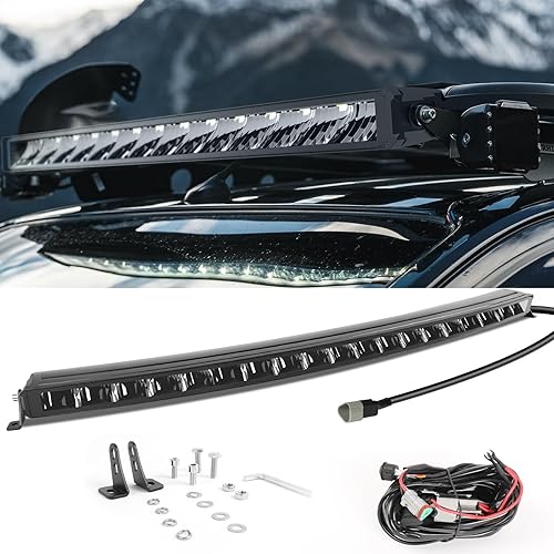 Miniatura 8 de CO LIGHT Barra de luz LED curvada de una sola fila de 30 pulgadas, 140 W, 30000 lúmenes, 6000 K, arnés de cableado de luz ambiental blanca y verde,