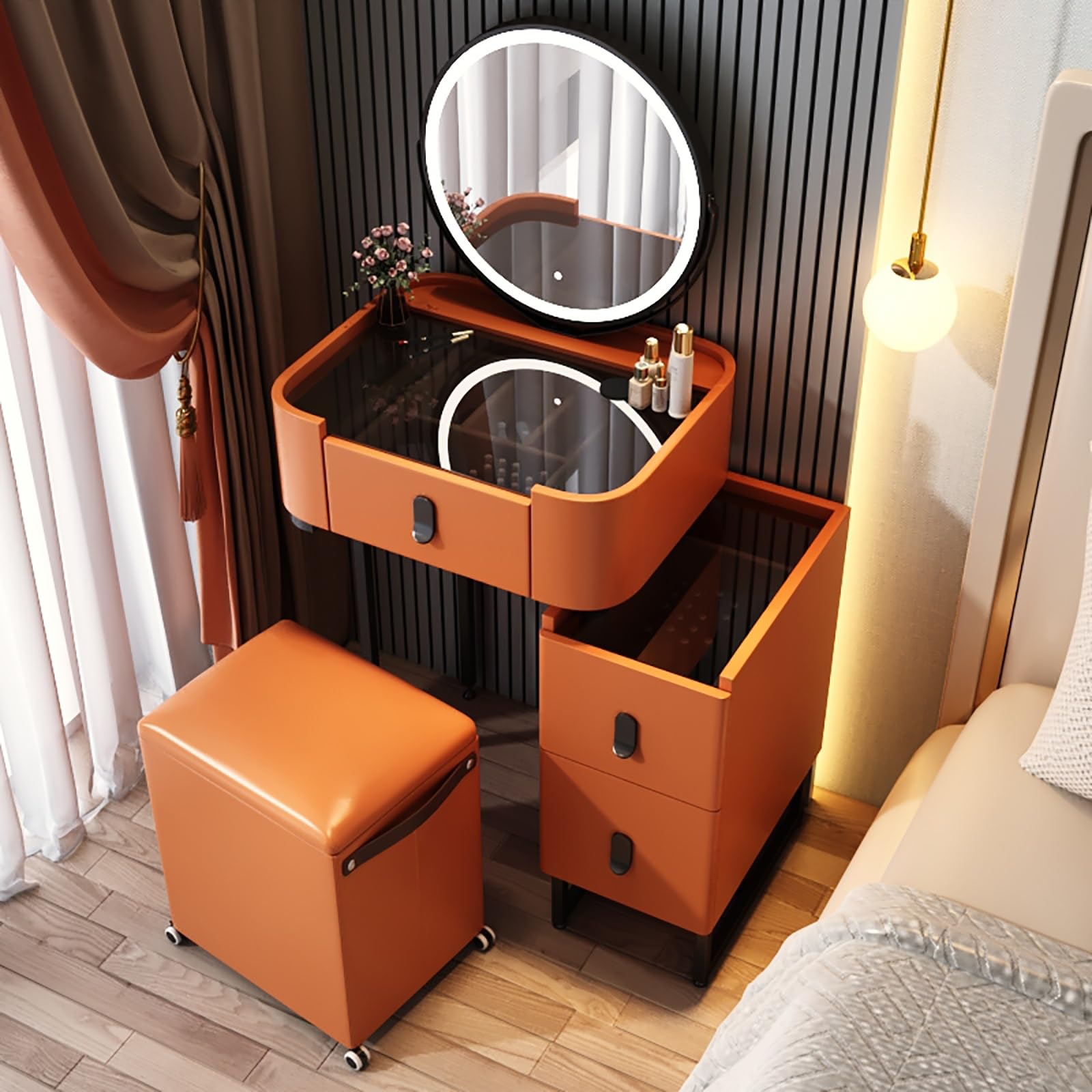 CGCSYZ Modern White Vanity Desk with LED Lighted Mirror and Storage Drawers Adjustable Brightness Makeup Table for Bedroom Girls Women Dressing Room Vanity Set with Mirror(Orange a-50cm/19.7in)
