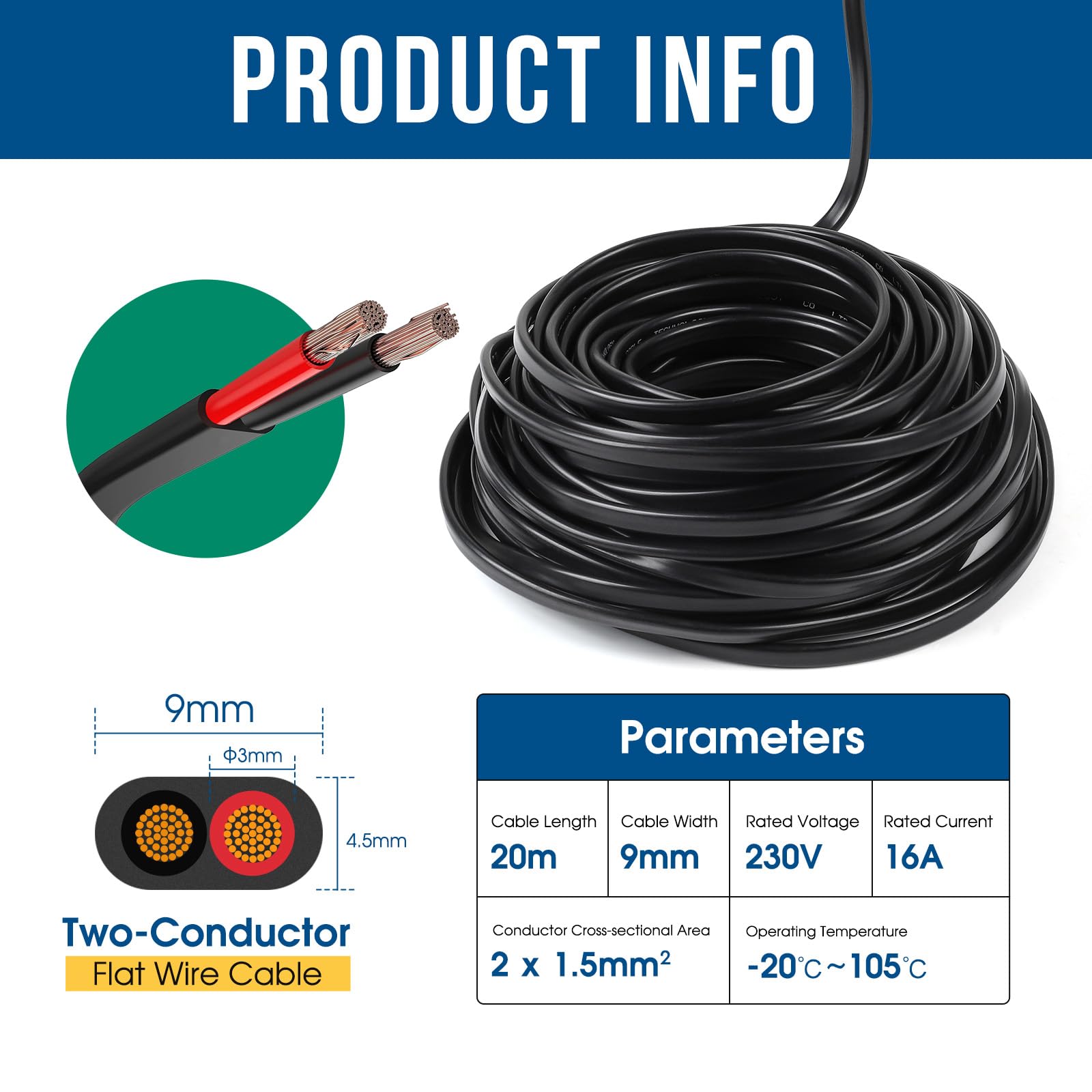 SWAWIS 20m Fil Électrique Plat 2x1,5mm² à 2 Conducteurs Enveloppe en PVC