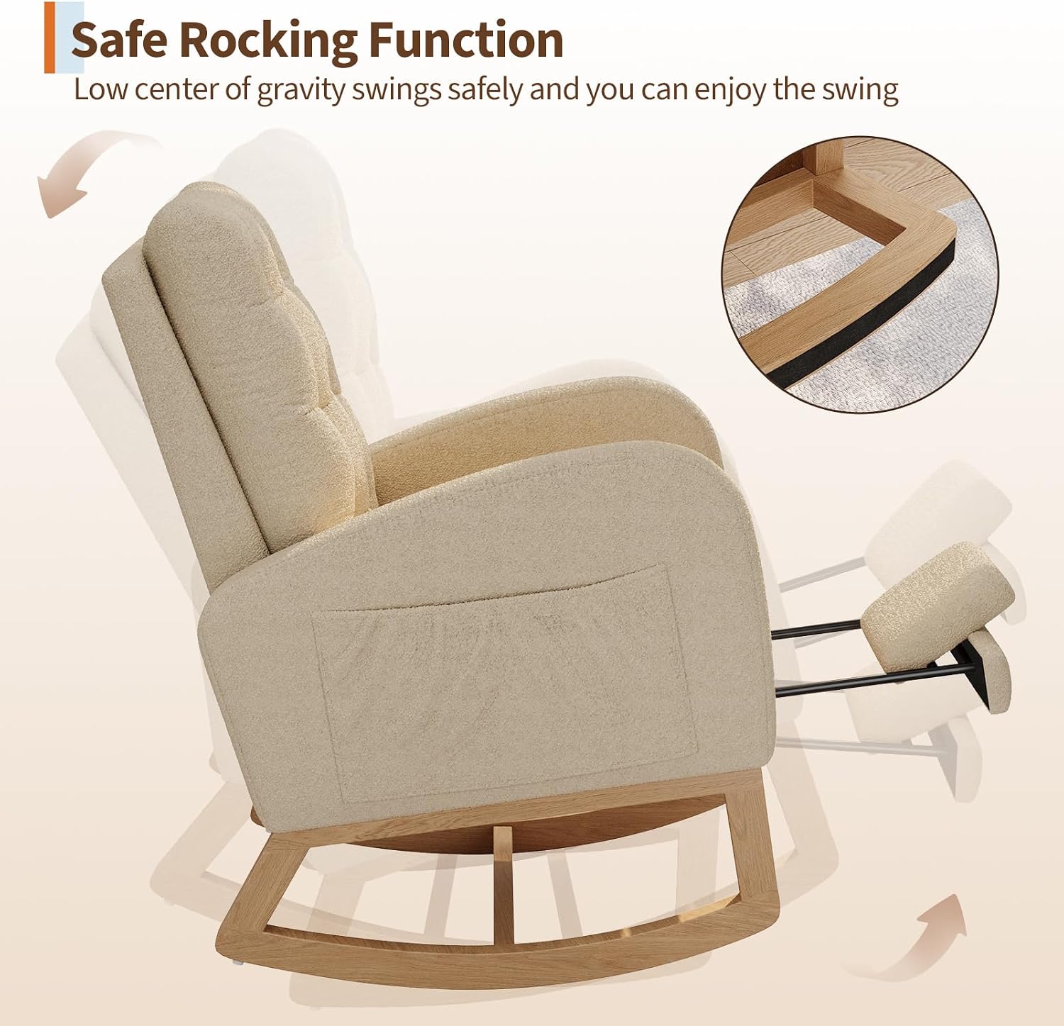 GarveeHome Nursery Rocking Chair with Adjustable Footrest, Teddy Fleece Upholstery, Sturdy Wooden Legs & High Backrest, Comfortable Glider Rocking Chair for Living Room or Bedroom, Light Brown