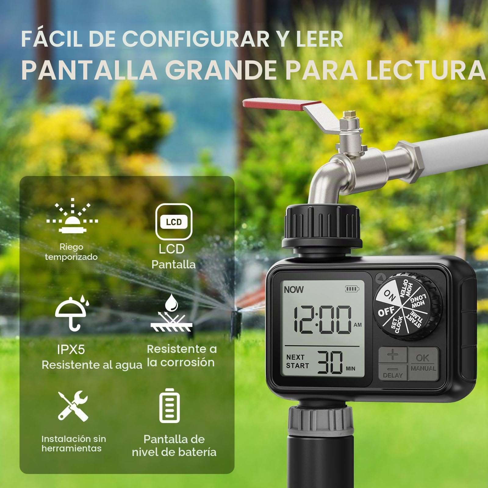 Ordenador de riego, Reloj de riego con retardo de Lluvia/Modo automático y Manual, IPX5 Resistente al Agua/Pantalla Grande Pantalla LCD Temporizador de Agua para jardín césped (1 Salidas)