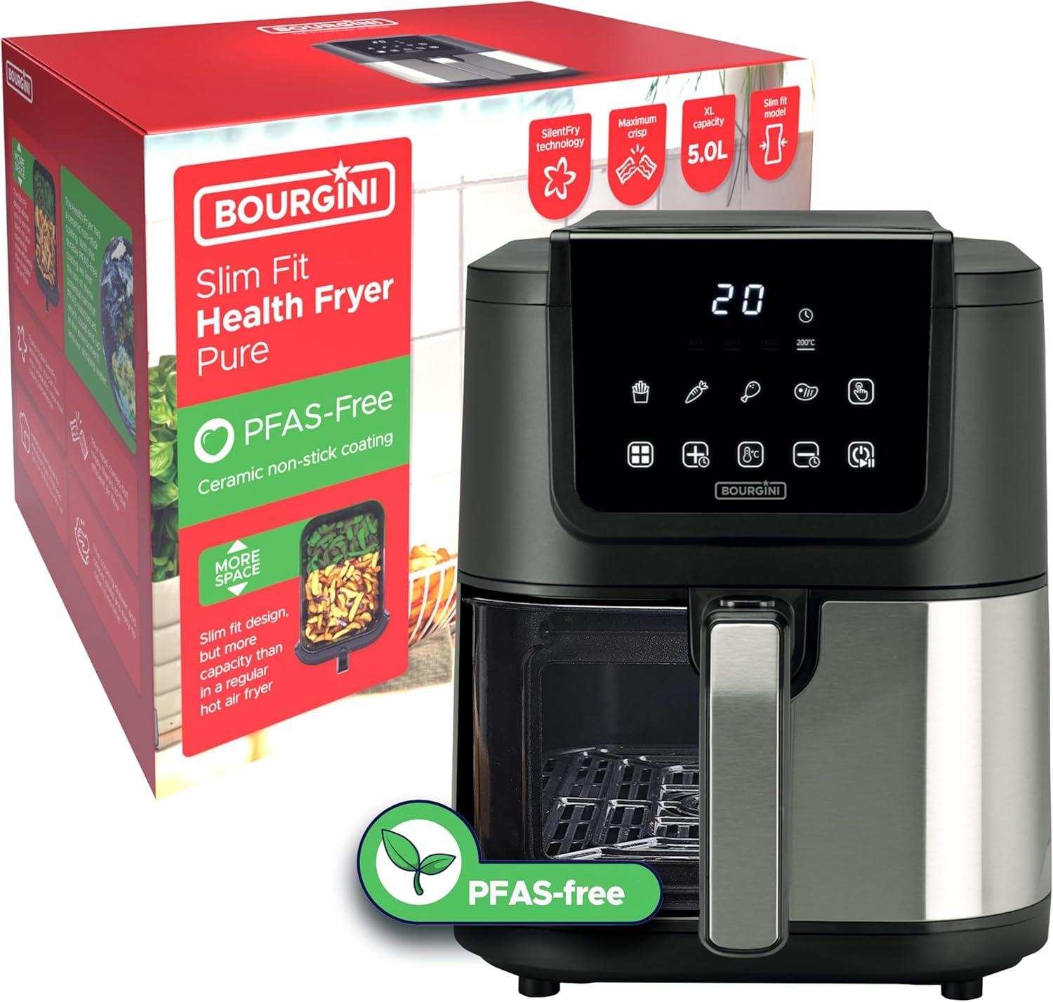 BOURGINI Freidora de Aire con Revestimiento Cerámico Pro, Libre de Químicos (PFAS, C6, PFHxA, PTFE, PFOA y BPA), 5 Litros, Formato Slim 35% más compacto, 1500W, ideal para un hogar sin tóxicos.