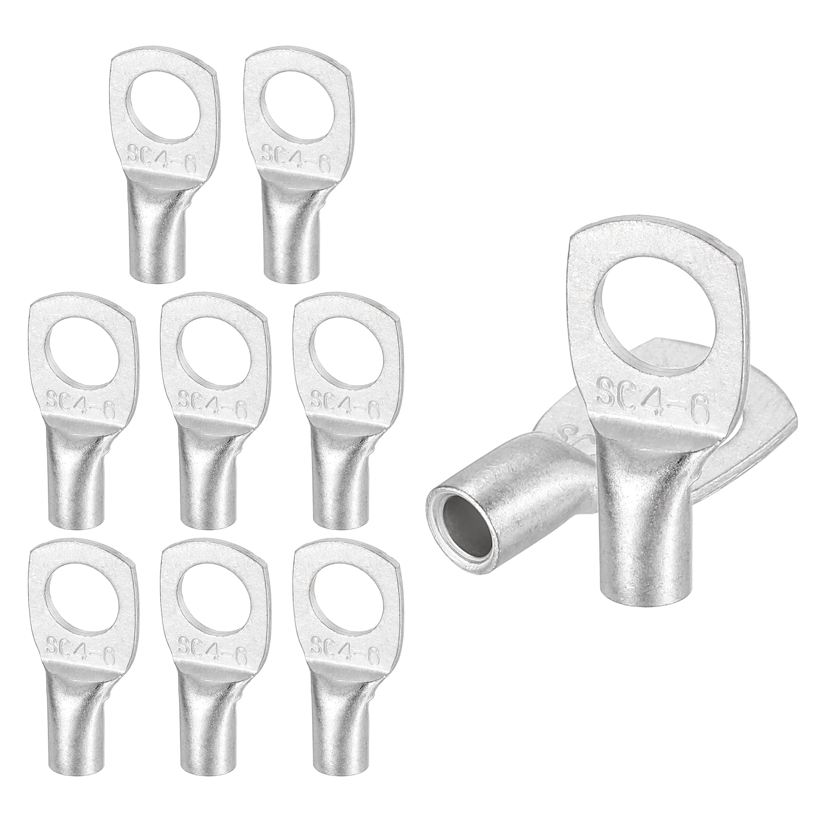 sourcing map 20 Pcs Tinned Copper Wire Lugs 14-12AWG 1/4" Wire Connectors Marine Grade Battery Cable Ends Ring Terminals SC4-6NH Battery Cable Lugs, Silver
