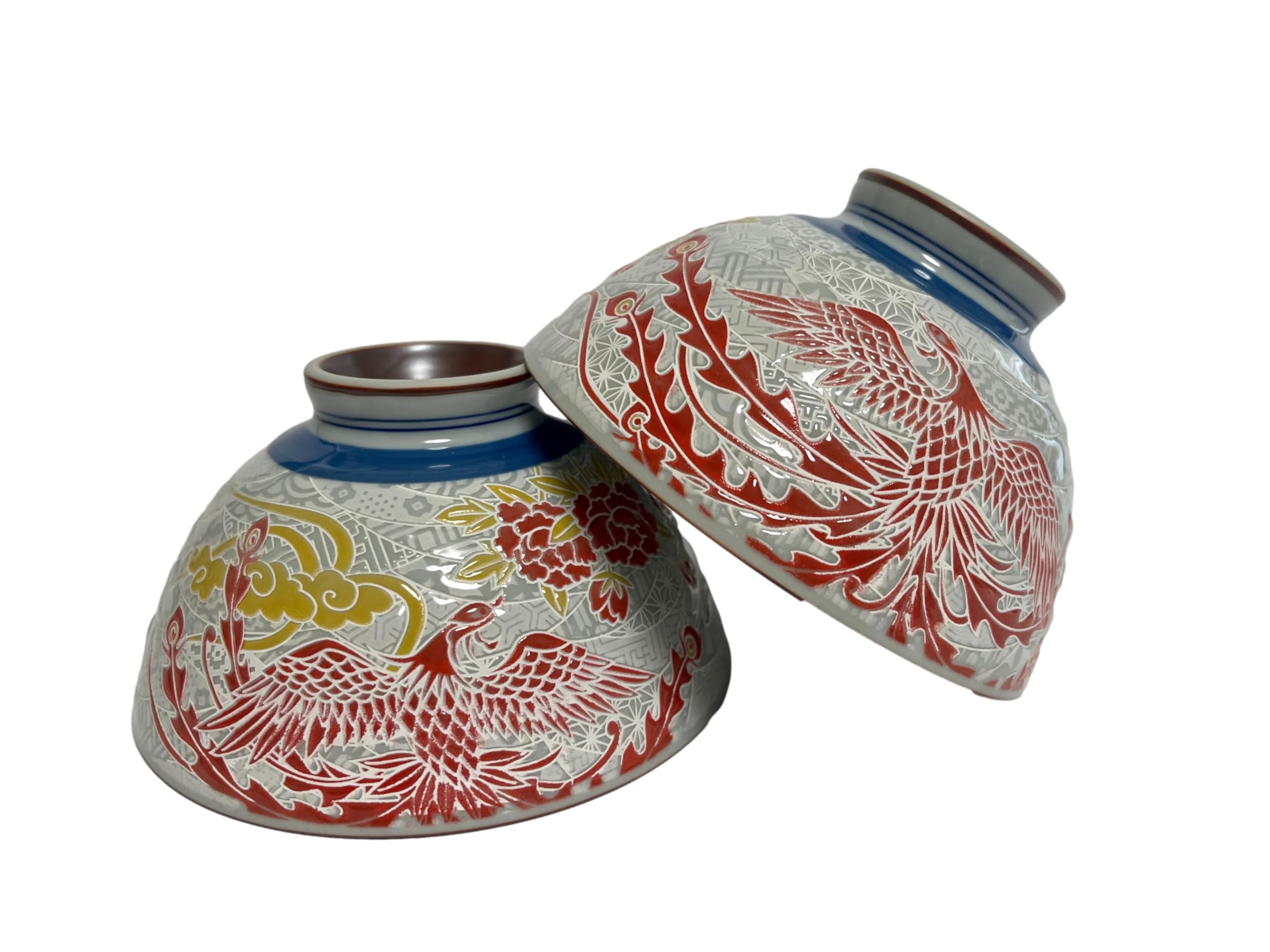 Japanese Mino Ware Ceramic Rice Bowl Set, Phoenix Pattern, 4.84 Inches Diameter x H2.56 Inches, 13.3 Fluid Ounces, Set of 2 from Japan (Phoenix)