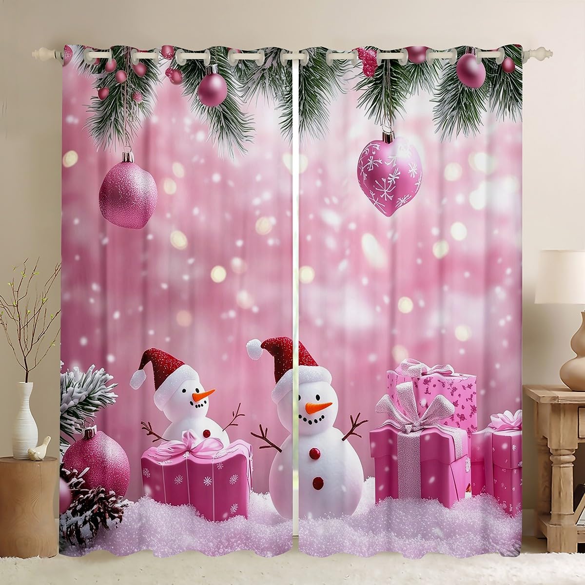 Manfei Merry Christmas Kids Blackout Curtain,Snowman Winter Gifts Lamp Ball Nursery Bedroom Playroom Decor,Snowflake Pine Tree Holiday Window Drapes,Pink 2 Panels,46Wx54L inch