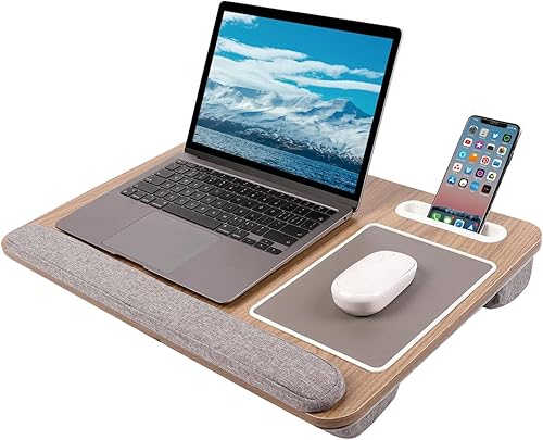 Escritorio de regazo para laptop, soporte extraíble para laptop, mesa pequeña, incluye alfombrilla de mouse integrada para tableta y teléfono móvil