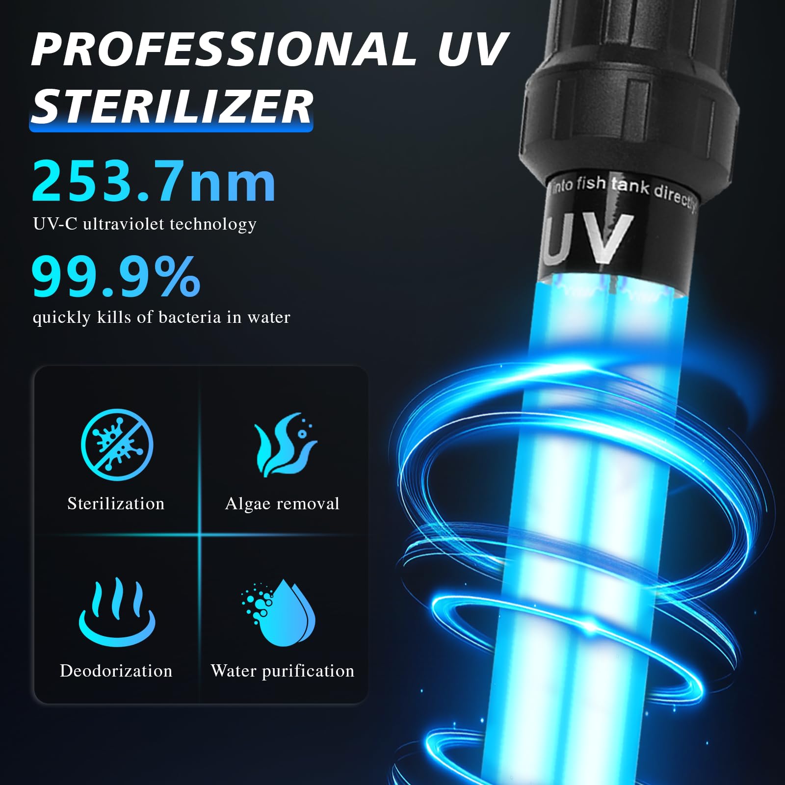Luz esterilizadora sumergible UV de 20 W para acuario, estanque, inmersión fría, piscina, jacuzzi, lámpara de filtro de agua UV-C sin ozono con vidrio de cuarzo, bloque de gravedad ponderado