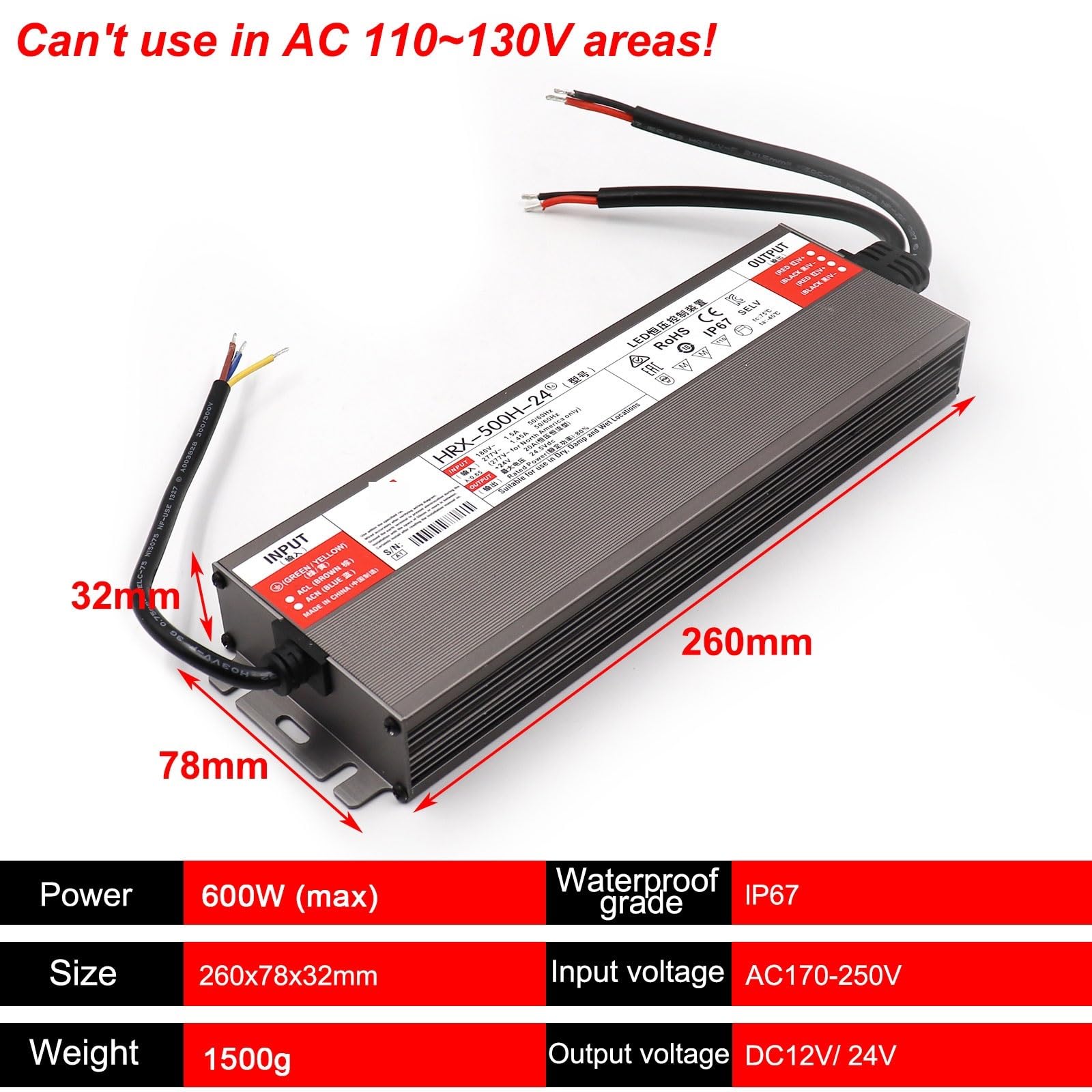 Driver LED impermeabile IP67 Alimentatore a tensione costante 12V 24V Trasformatore in alluminio(600W (170V-240V),DC 24V)