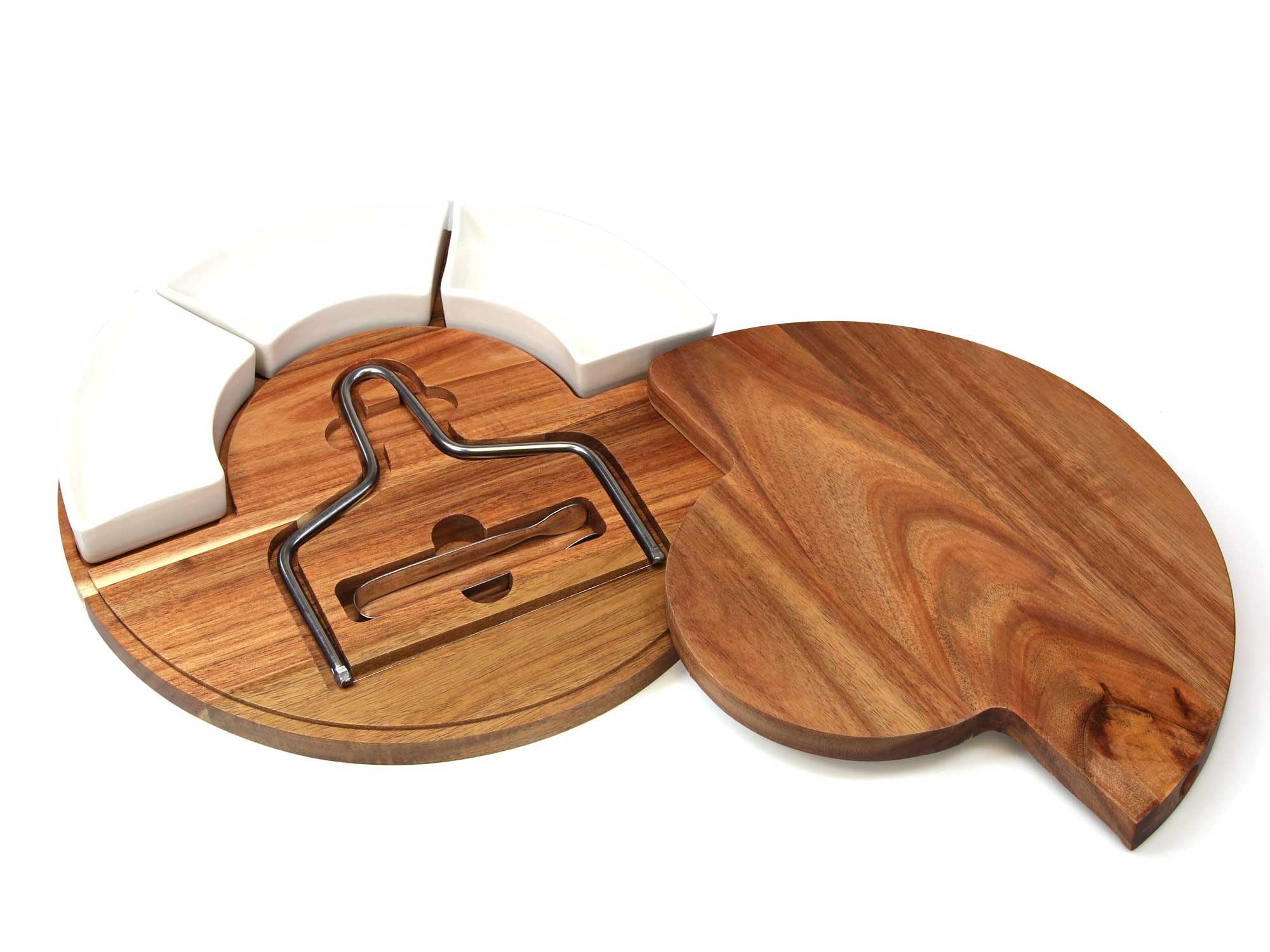 Cathcart Elliot Personalised Round Acacia Wood Christmas Cheeseboard with Wire, Tongs and Dishes 30cm Diameter