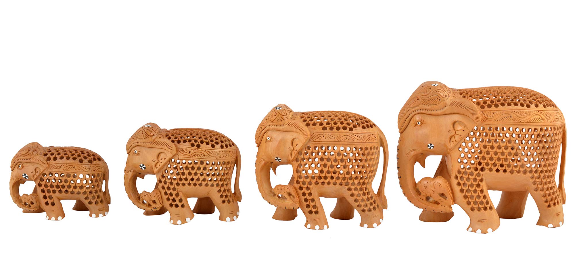 Wooden Hancarved Tabletop Elephant Statue Collectible Figurine Statues Feng Shui for Home Decor Gift Set of 4 Animal Sculptures