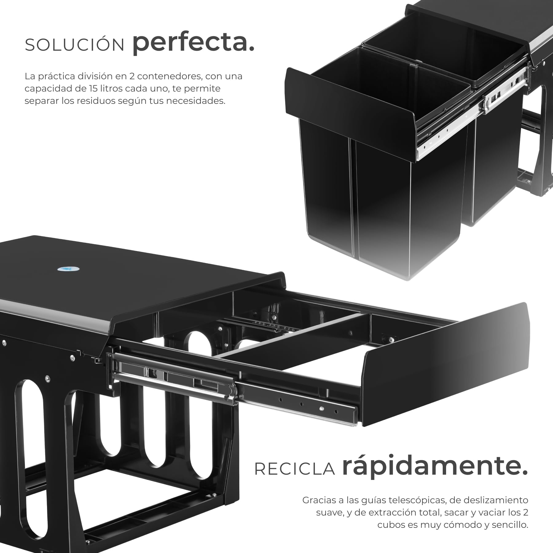 tectake® Cubo de Basura Extraíble, Triple, 30L, Papelera Cocina con Guías Telescópicas, 2 Contenedores Separados para Reciclaje, Cubo Basura Cocina, Fácil Montaje, Material Resistente - 2x 15L