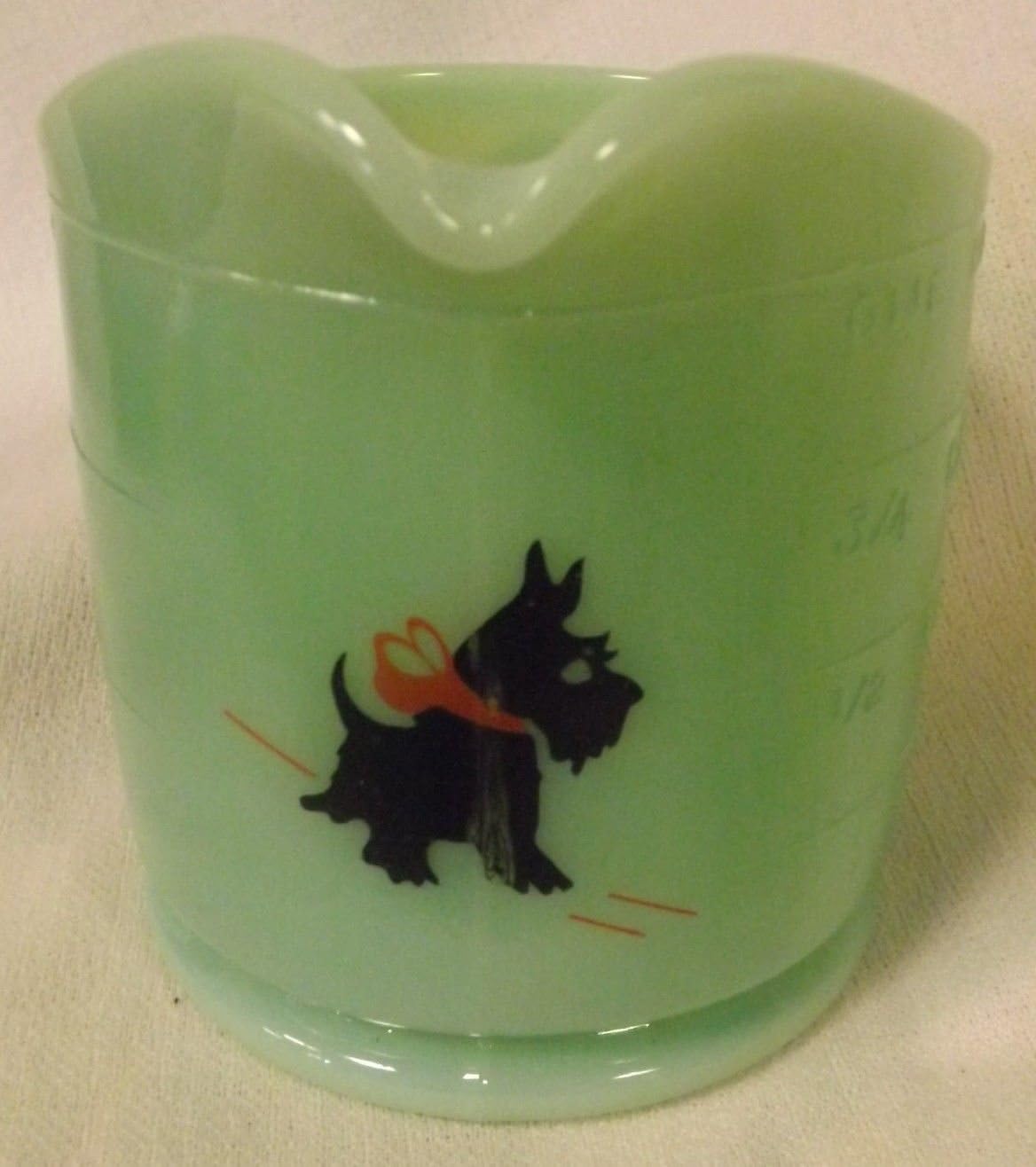 Red Bow Scotty Dog Jade Green Milk Glass Measuring Pitcher