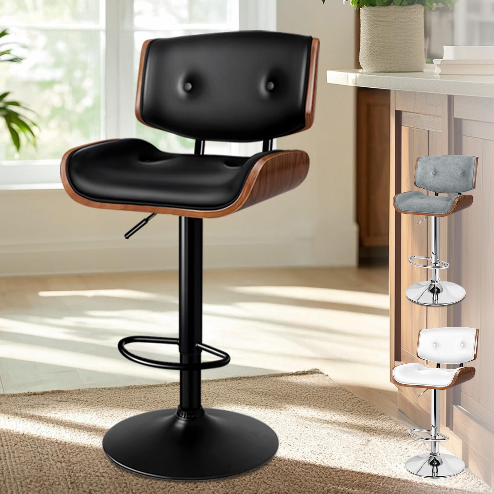 ALFORDSON 360° Swivel Bar Stool with Back, Adjustable Height PU Leather Kitchen Stool with Footrest, Wooden Armless Counter Chair for Home Bar, Kitchen Island, Cafe, Restaurant, Black, 1PC