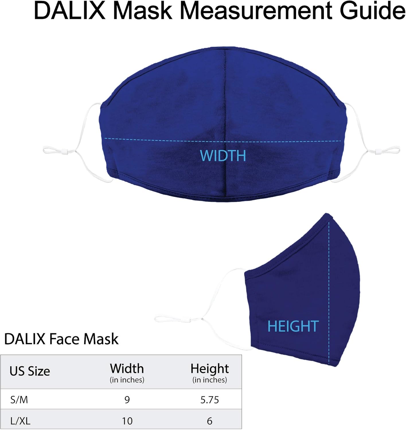 DALIX Cloth Face Mask Reusable Washable Made in USA - Royal Blue S-M (10 Pack)