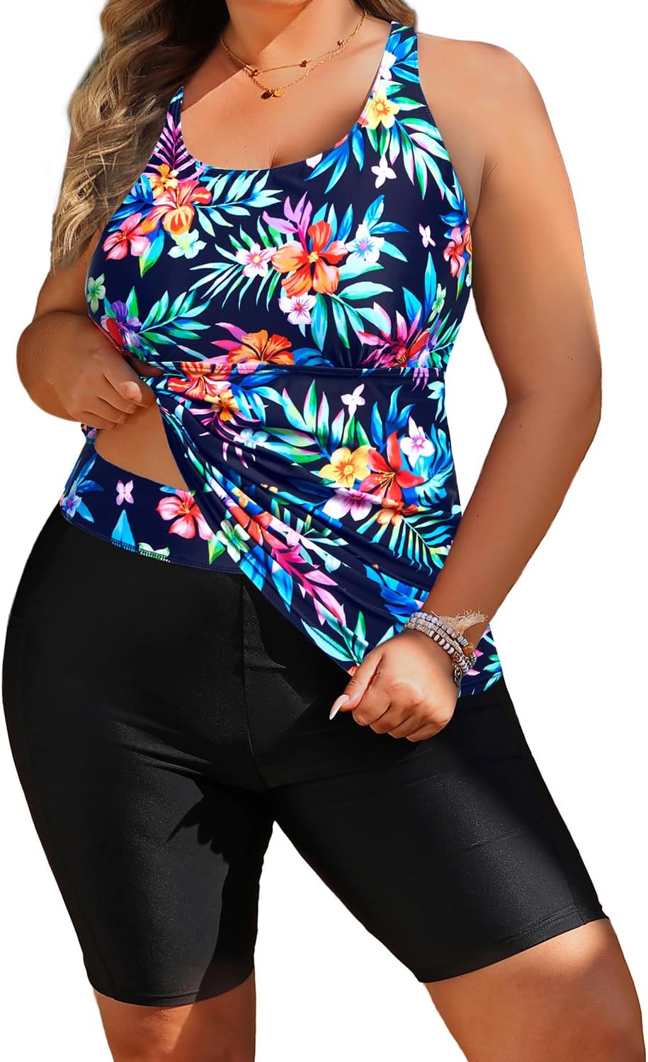Plus Size Tankini with Shorts - Women Two Piece Bathing Suit Top Tummy Control Swimwear Bottom with Pockets - Image 2