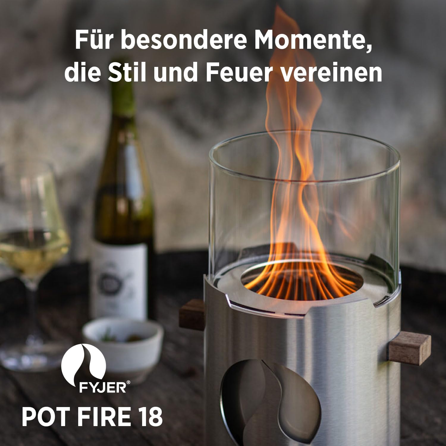 FYJER Pot FIRE 18 Feuerstelle | Vielseitige Feuerschalen für den Garten | Fire Pit aus Edelstahl mit Windschutzglas & Flammenring | Feuerkorb & Feuerschale mit Grillrost | Feuertonne für den Garten