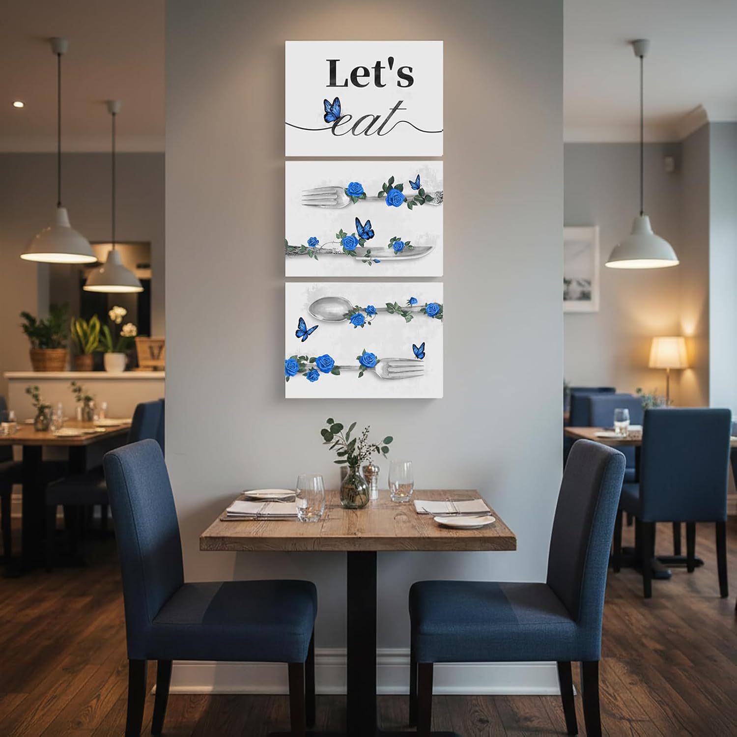 RyounoArt Blue Kitchen Decor Vertical Kitchen Wall Art Pictures Folk Spoon Knife with Let's Eat Paintings for Dining Room Wall Decor Framed 16 * 12inches*3pcs