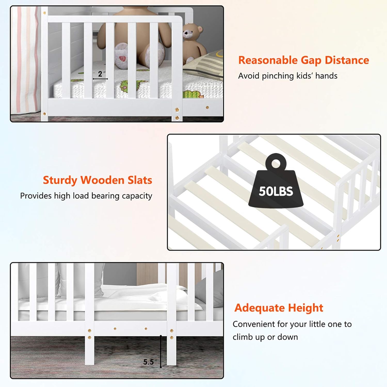 Costzon Toddler Bed Frame, 2 in 1 Convertible Wood Kids Bed w/Double Side Safety Guardrails & Footboard for Extra Safety, Toddler Floor Bed Fits Full Size Crib Mattress (White)