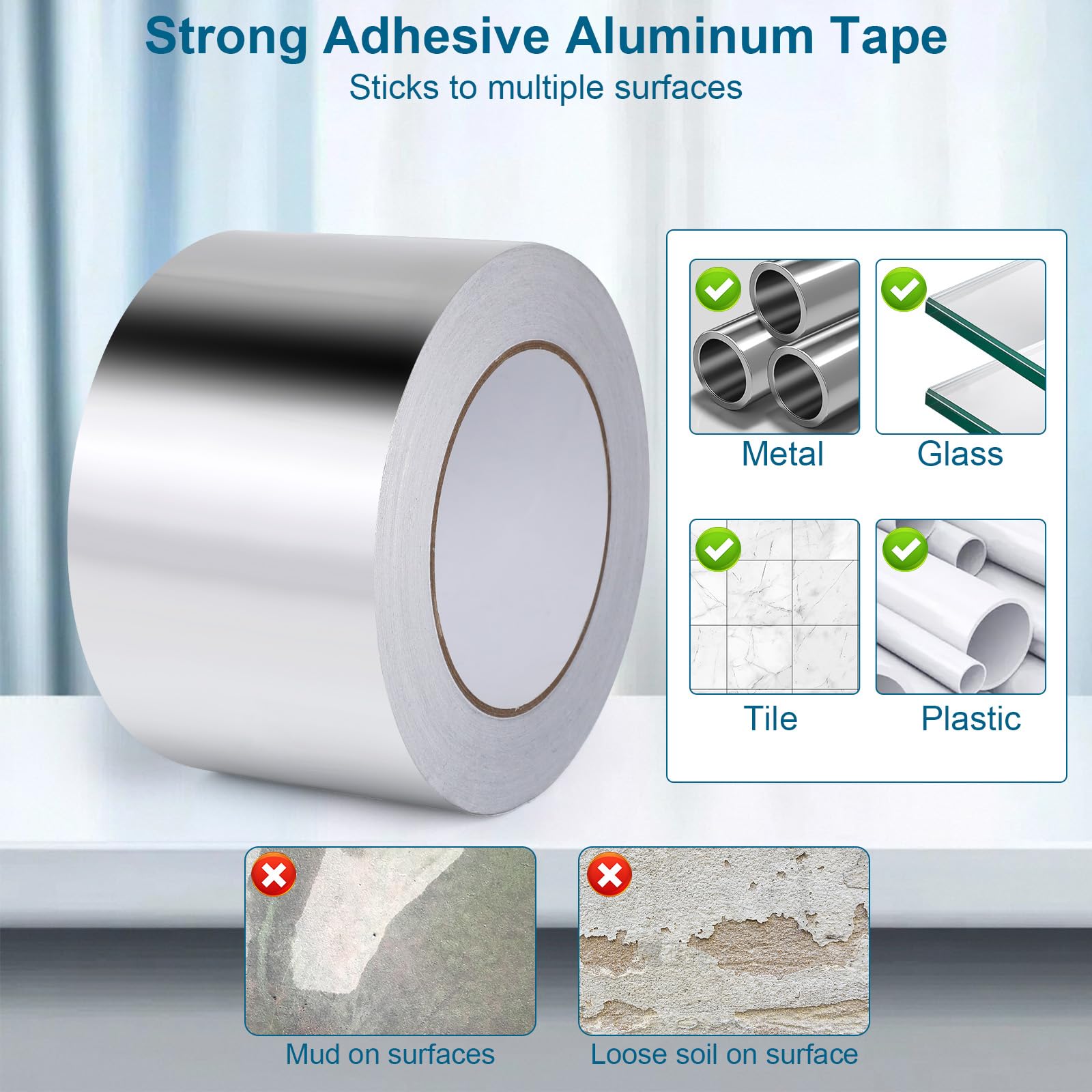 AiQInu Cinta de Aluminio 50mmX20m,Cinta Aluminio Adhesiva Impermeable y Resistente al Calor,Cinta Selladora Metálica para Conductos de Aire Altas y Bajas Temperaturas
