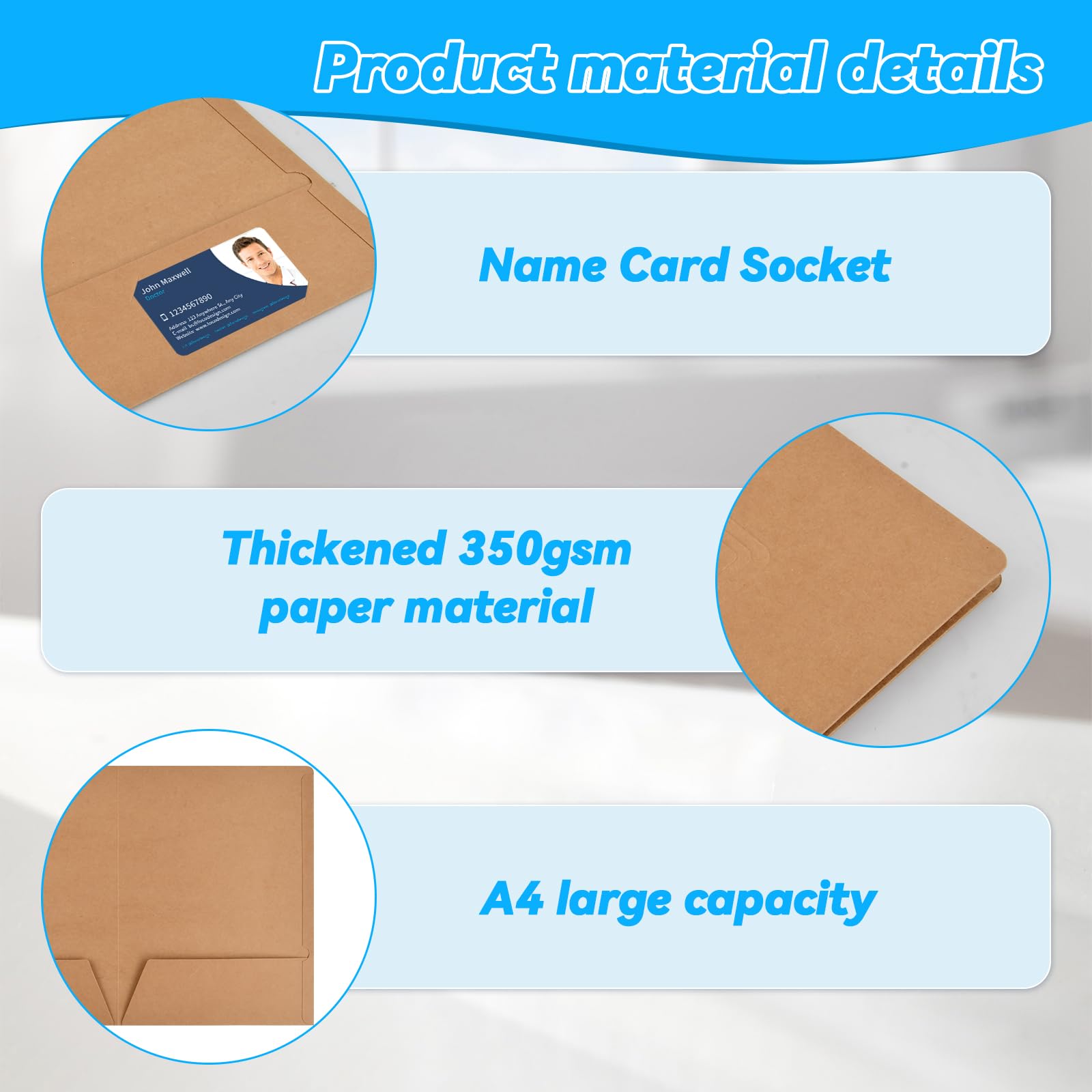 Carpetas de Papel Kraft A4 350gsm con Ranuras para Tarjetas, Carpeta de Presentación de Cartón para Documentos, Subcarpetas Simples para Escuela Oficina (Marrón)