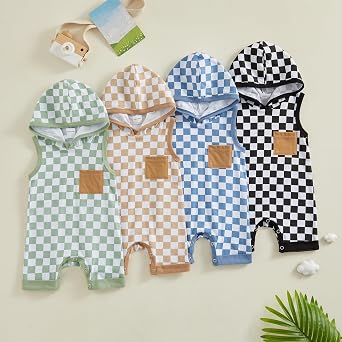 Newborn Boy Checkered Outfit Baby Sleeveless Hooded Romper Jumpsuit Cute Summer Clothes