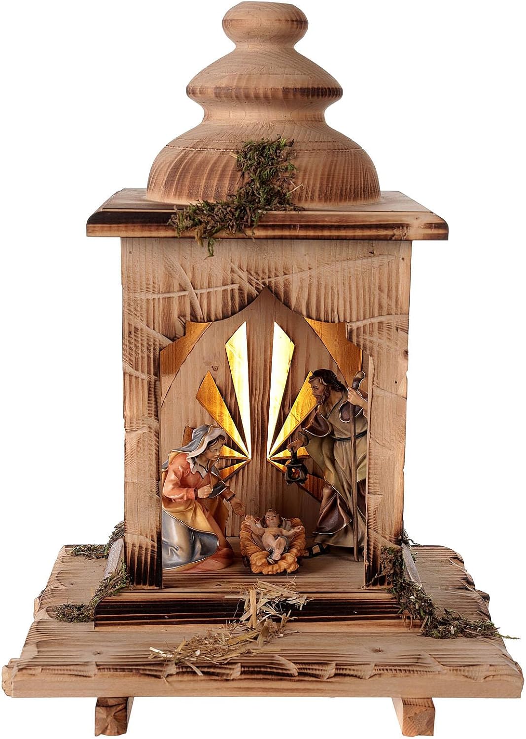Wood Lantern with Holy Family Inside, 12 cm Original Nativity Model, in Painted Val Gardena Wood