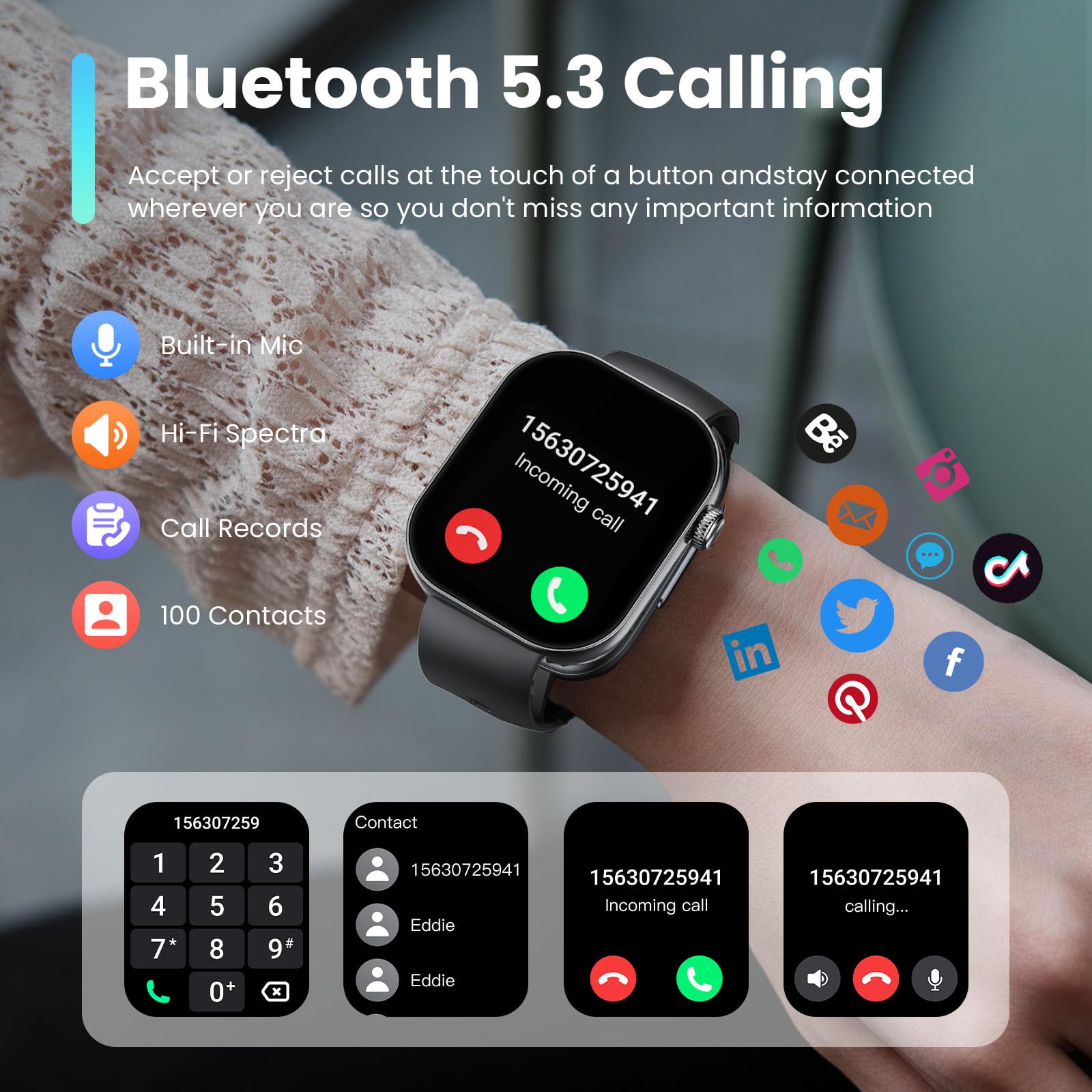 Smartwatch Uomo Donna con Effettua o Risposta Chiamate, 2.01" Orologio Smartwatch Contapassi/Cardiofrequenzimetro/Sonno, 110+ Modalità Sportivo Fitness Tracker, Impermeabile 5ATM Smart Watch Nero