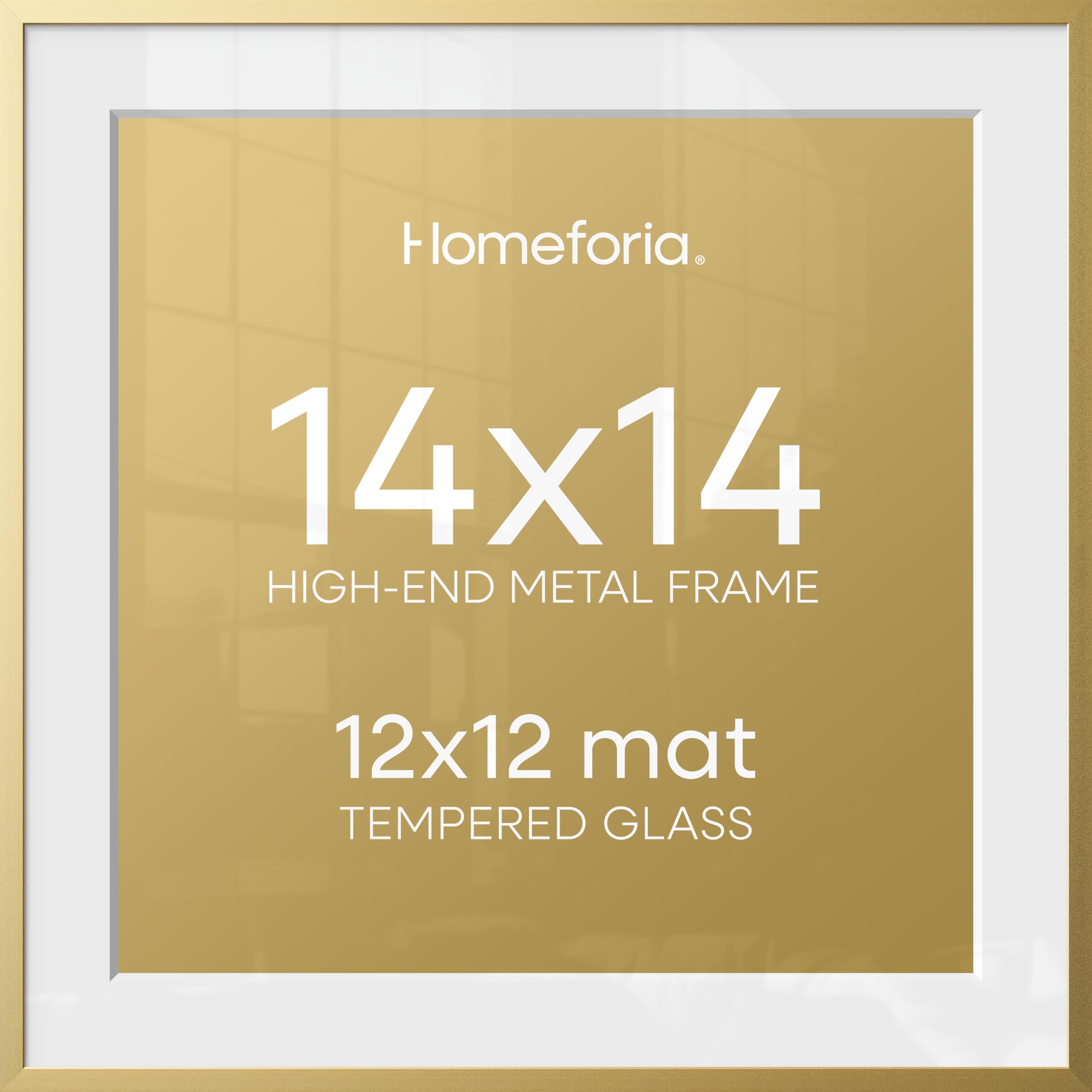 Homeforia 14x14 Gold Picture Frame, High-End Metal, 12x12 Mat, Glass | High End Aluminum, Tempered Glass, Acid-Free 12x12 Removable Mat, 14x14 in Edge-to-Edge Display 14x14, Wall Kit, Set Of 4