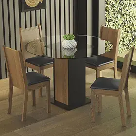 Conjunto Sala de Jantar Madesa Débora Mesa Tampo de Vidro Redondo 4 Cadeiras - Preto/rustic