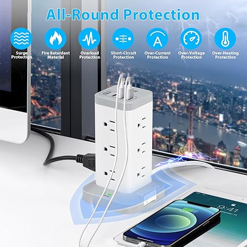 Miniatura 6 de Torre de regleta con puertos USB, torre protectora de sobretensiones 16 en 1, 12 puertos AC y 4USB, cable de extensión de 10 pies con múltiples