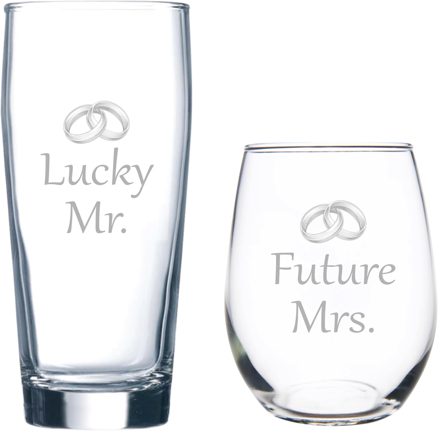 C M Lucky Mr. 20 oz. Beer Glass and Future Mrs. 15 oz. Stemless Wine Glass Set for Bridal, Engagement and Weddings - 2 Pieces (Style LF2)