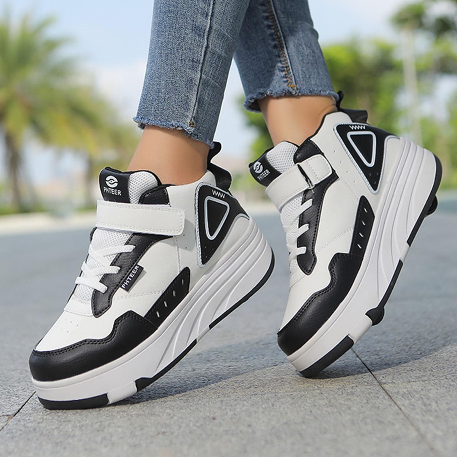 Surwin Zapatillas con Ruedas Niña, Hebilla de Nailon Zapatos de Caña Media de Niños con Ruedas 2 en 1 Zapatillas de Skateboard Zapatos de Skate Roller Skate Shoes Sneakers Moda