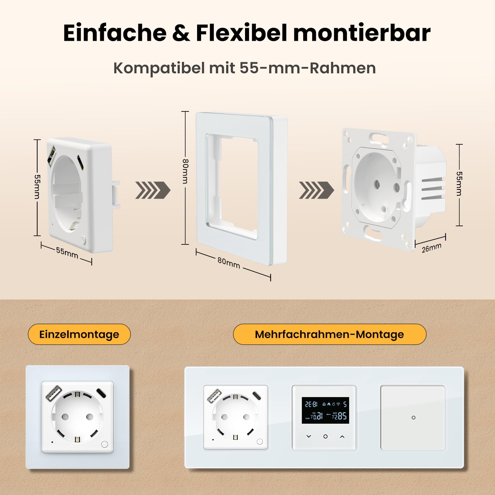MIUCDA Prise Schuko Wi-Fi avec USB et type C PD 20 W, chargeur rapide, système intelligent encastré 55, prise murale avec mesure de courant, minuterie, commande vocale compatible avec Alexa/Google