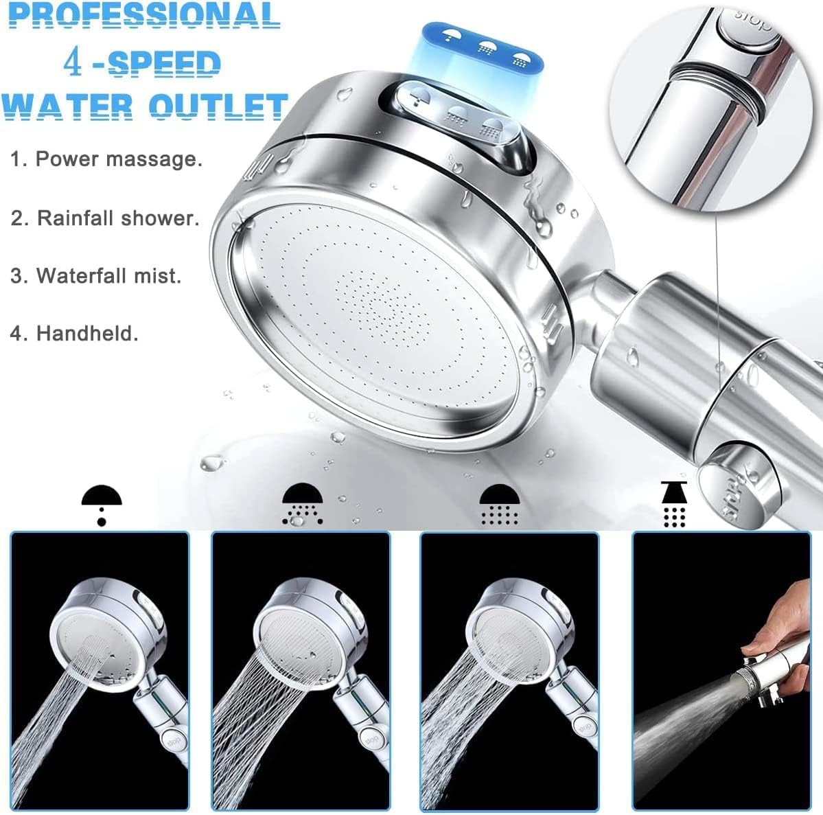 Handheld Shower Head, 3 Spray Modes High Pressure Shower Head and 2m Hose Set, Powerful Shower Heads to Increase Pressure, Water Saving Showerhead with 360° Degrees Rotating/Stop Button, Chrome