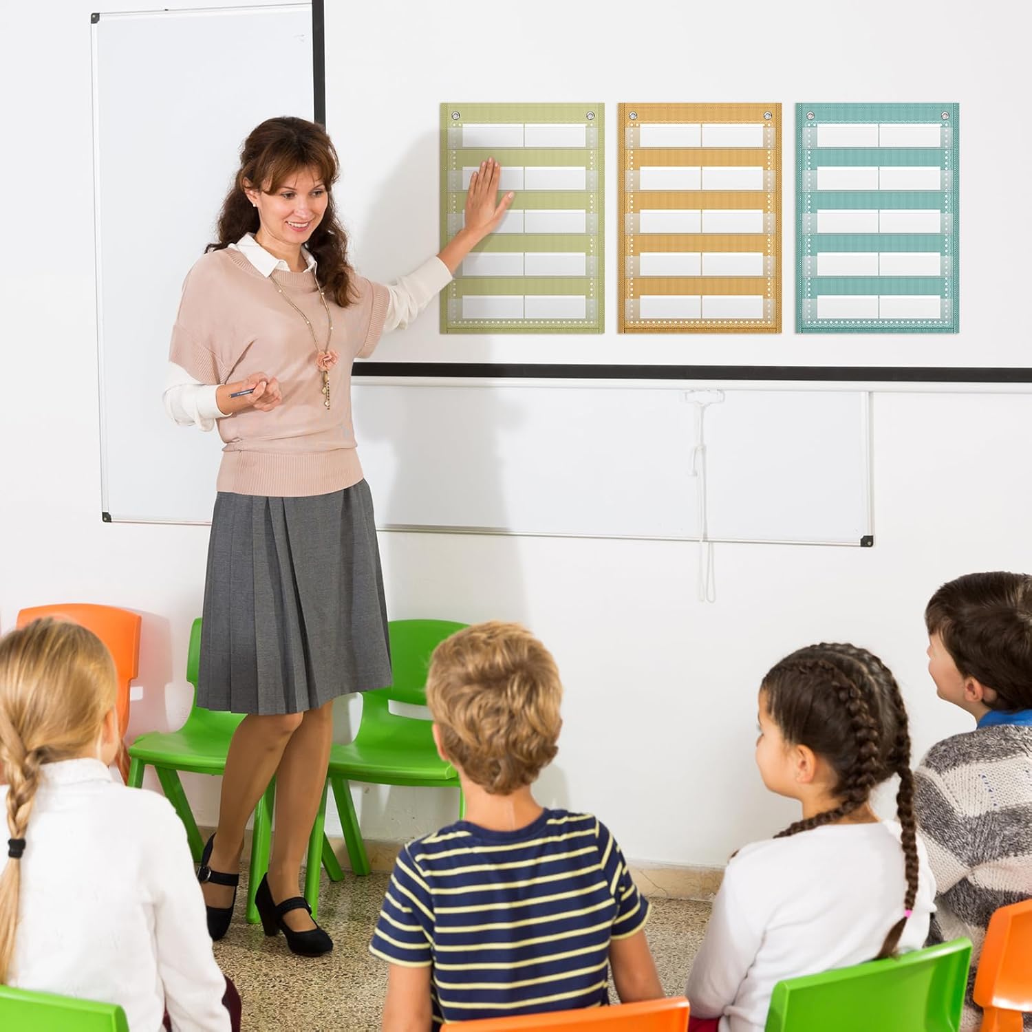 Gueevin 6 Set Magnetic Pocket Chart with 5 Clear Pockets and 30 Dry Erase Cards Painted Classroom Schedule Pocket Chart for Whiteboard Class Demonstrations(Vintage Color,Stripes Pattern)